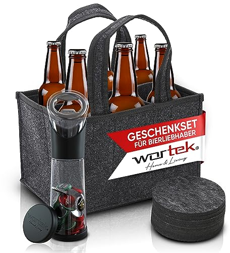 wortek Geschenkset Männer Geschenke - Männerhandtasche Bier aus Filz mit 6 Fächern - Flaschenöffner mit Auffangbehälter - Untersetzer Gläser 8er Set - Witzige Geschenke für Männer und Bierliebhaber