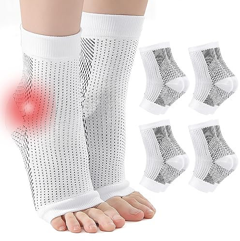 Fantasyon 4 Pairs Plantar Fasciitis Socks, Neuropathy Socks Compression Socks Neuro Socks for Women Men Ankle Support for Sprained Ankle for Sport Arthritis Pain Relief-White,S/M