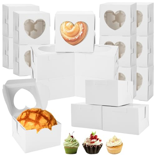 VIDETOL 100 Stück Cupcake Box, Cupcake Transportbox, 10 x 10 x 6.5 cm Keksschachtel mit Sichtfenster, Weiß Muffin Transportbox, Gebäckkarton für Cookie, Gebäck und Dessert
