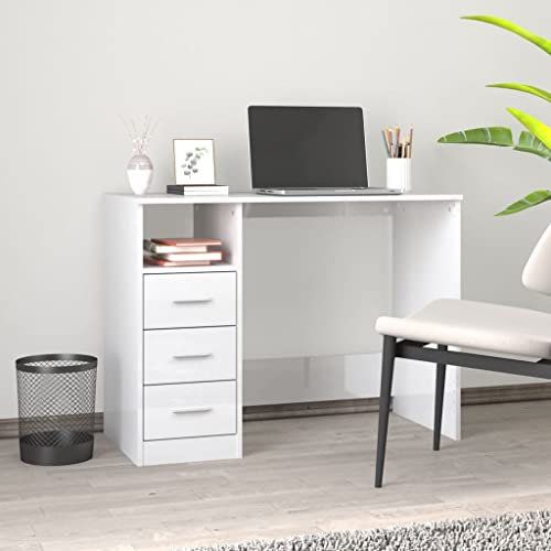 FENLAX Computertisch mit Schublade aus Holzwerkstoff 102x50x76 cm Hochglanz-Weiß Schülerschreibtisch Arbeitstisch Modernen Schreibtisch mit Stauraum Schreibtisch Büromöbel Schreibtisch Home Office