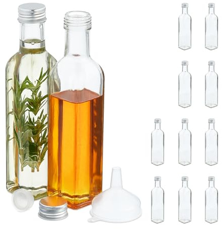 Relaxdays Flaschen zum Befüllen, 12er Set, leere Glasflaschen, für Likör, Öl, Saft, Schnapsflaschen, 250 ml, transparent