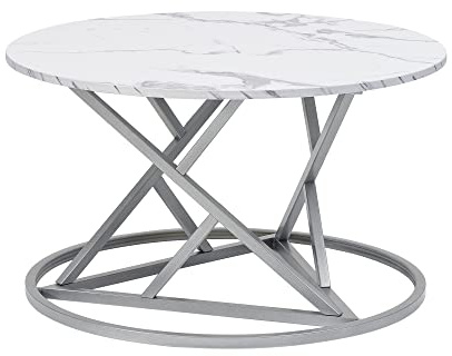 Liink1Ga Marmor Couchtisch Weiß Rund Marmor Tisch für Wohnzimmer, Modern Couch Beistelltisch Sofatisch Rund mit Silbernem Rahmen und Platte in Marmoroptik(Kunstmarmor)