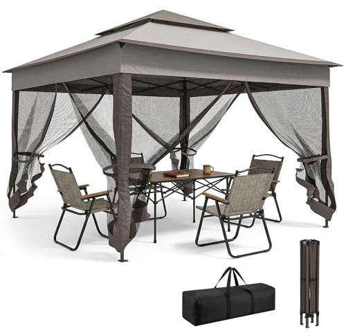 Pavillon Pliable Outsunny Tente de Jardin avec parois latérales Tente Pop-up Pavillon de Jardin avec Sac de Transport Gris Clair 3,25 x 3,25 x 2,7 m
