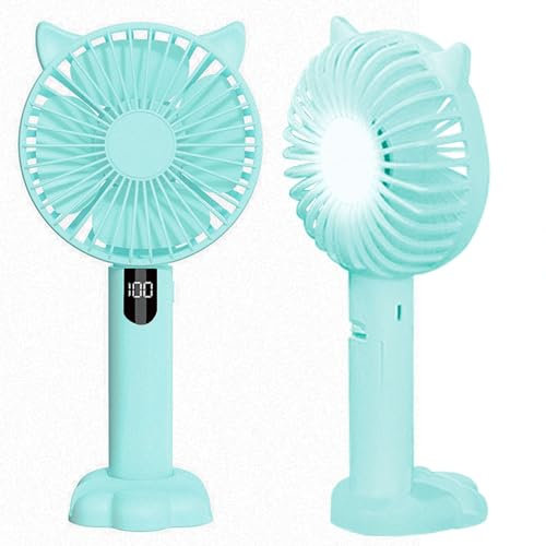 Mini Portable Hand Held Fan, Night Light Handheld USB Rechargeable Fans with 5 Speeds, Cute Cat Design Small Desktop Fans with Digital Display Screen for Home Office Bedroom Outdoor Travel (Blue)