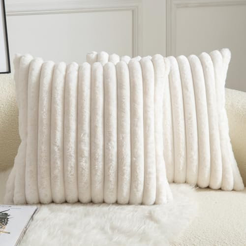 Mandioo Pack of 2 Decorative Cushion Covers 30cm x 50cm Faux Fur Striped Plush Soft Throw Pillow Covers Pillow Cases Bedroom Living Room Sofa Home 18x18 Inch Cream White