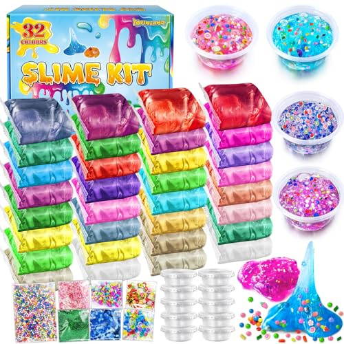 32 Farben DIY Schleim Kit, Slime Making Kit für Mädchen, Clear Slime | mit Add-Ins Schaumstoffkugeln, Charms, Glitter, Geschenk-Spielzeug für Kinder