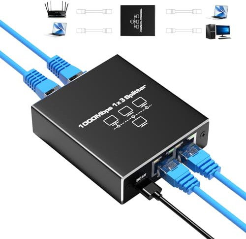 AMANKA Splitter Ethernet 1 a 3 gigabit ad alta velocità da 1000 Mbps, con cavo di alimentazione di tipo C, adatto per computer/hub/switch/router/set-top box/TV digitali ecc.