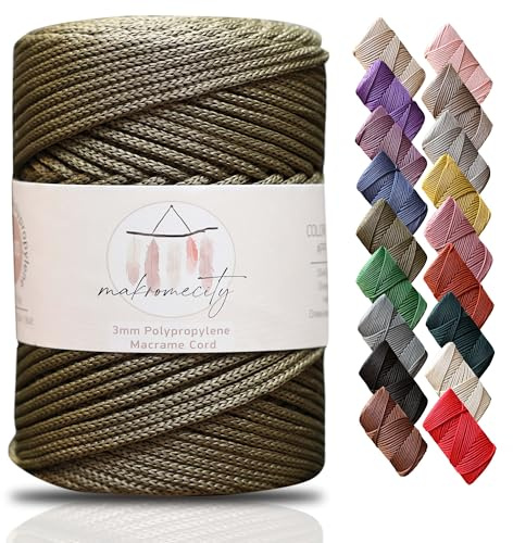 Makromecity, premium polyester makramé sladd 3 mm x 130 meter (40 fot) 3 mm polypropen oliv drag makramé sladd virkad makramé väska sladd hantverk för vägghängningar, väskor, underplatta, matta