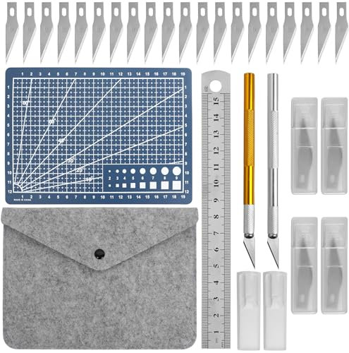 Carving Craft Messer Set,Skalpell Set mit 2 Schnitzmesser,40 Skalpell Klingen,A5 Schneidmatte,Stahllineal,Filz-Tasche,Bastelmesser Hobbymesser Set Geeignet für DIY Kunst Kreation Schneiden Schnitzen