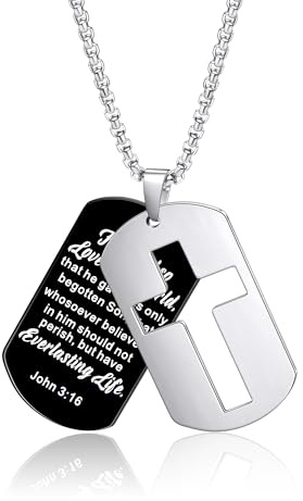Gilieyer Kreuz Dog Tag Kette für Herren, Inspirierende Lord's Prayer/Bibelvers Anhänger mit 60 cm Boxkette Edelstahl Kreuz Halskette für Männer Personalisierte Schmuck (John 3:16)