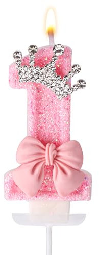 Pink 1st Birthday Candle, Bow Crown First Birthday Decoration Wax Elegant Number 1 Candle One Cake Decoration for Girls Party Anniversary