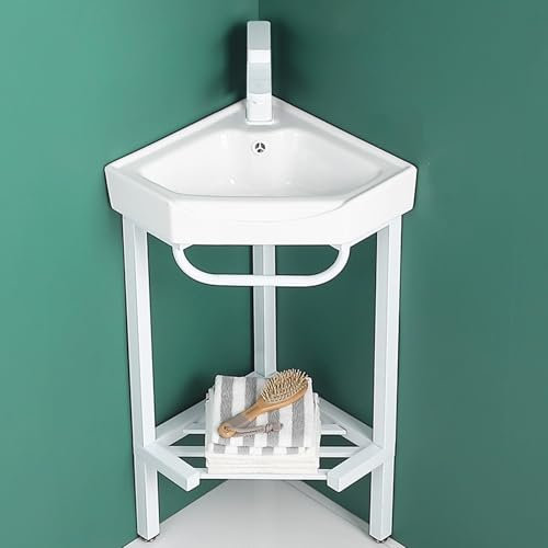 HOLGVE Lavabo d'angle, Meuble-Lavabo d'angle en Céramique avec Support en Acier Inoxydable, Lavabo Salle de Bain a Monter, Meuble-lavabo d'angle sur Pied, Petit Lavabo d'angle(15inchx38cm)