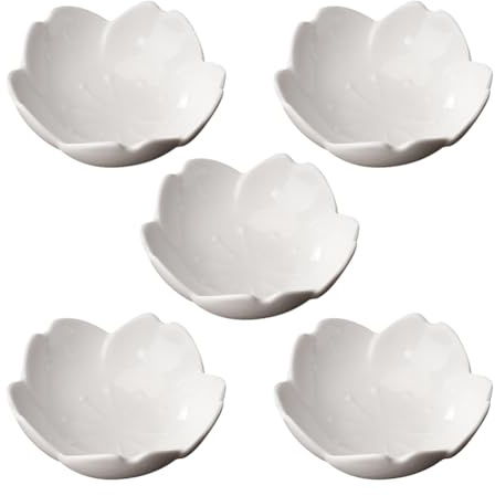 FSSTUD 5 Stück Kleine Kirschblüten-Geschirr Blumenförmige Keramikteller Sojasauce-Tauchschüsseln Blumenförmige Servierschalen Süße Würzschüsseln Dekorative Dessert-Schüsseln für Küche Zuhause Weiß