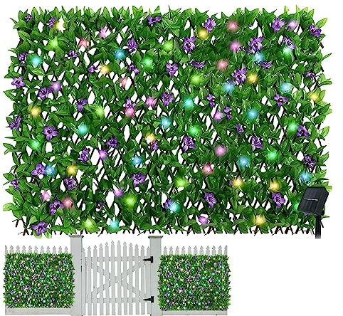 Clôture de lierre artificiel extensible avec treillis de fleurs - Brise-vue pour haie de jardin