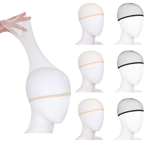 Lot de 6 bonnets de perruque en maille, filet élastique à extrémité ouverte pour maintenir perruques invisibles, doublure réutilisable pour cheveux longs et courts (noir et