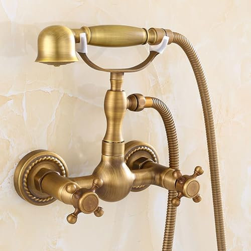 Grifos mezcladores de baño de latón Vintage con Cabezal de Ducha, Grifo Mezclador de Ducha de baño montado en la Pared, Agua Caliente y fría, Antiguo