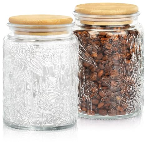 Qudubuy 700ml Glass Storage Jars with Lids Airtight – Set of 2 Vintage Tea Coffee Sugar Canisters, Embossed Glass Jars for Overnight Oats, Pantry & Kitchen Organization