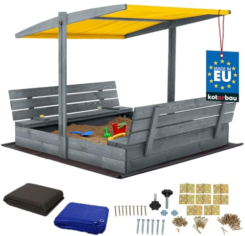 KOTARBAU® Sabbiera per Bambini - Legno di Pino - 140 x 140 cm - Grigio - Sabbiera con Coperchio - con Tetto Giallo e Sedute - da Esterno Giardino - Protezione Sole Pioggia