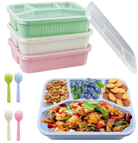 QUTHZZHY 4 cajas de aperitivos con compartimentos, fiambrera con 4 compartimentos, fiambrera reutilizable con cucharas, caja de aperitivos para niños y adultos, fiambrera para escuela, trabajo, viajes