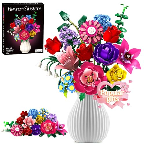 Rongmeiz Flower Bouquet Building Set, 1020 PCS Botanical Collection Building Block Toy, Rose Flowers Plant Home Decor, Christmas, Valentine's Day Birthday Gift Toys for Girls Women 6+