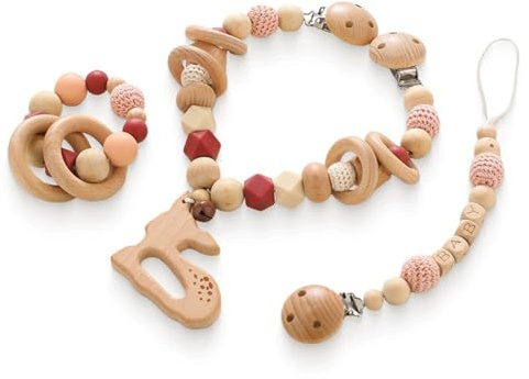 Ueiwffzo Passeggino catena per passeggino, passeggino in legno a forma di cervo, set di catenine in legno, ciondolo per bambini e bambine