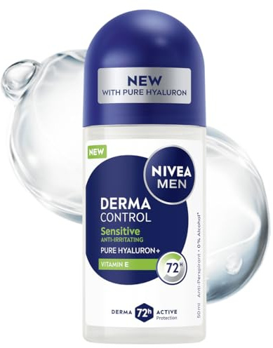 NIVEA MEN Derma Control Sensitive Antitranspirant für Männer roll on - 72h Schutz mit Hyaluronsäure und Vitamin E, 50ml