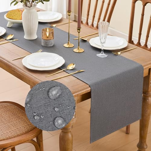 GUJOXILA Modern Tischläufer Grau Wasserabweisend Abwaschbar Leinenoptik | Tischläufer Dunkelgrau Esstisch Tisch Dekoration für Hochzeiten Outdoor Drinnen Urlaub Party Dekor 40 x 140 cm