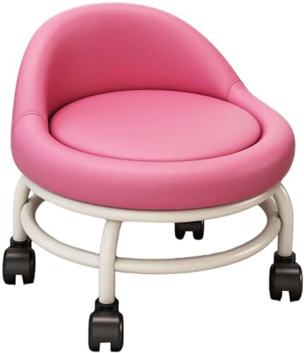 Taburete rodante de cuero rosa con respaldo, asiento bajo con ruedas, perfecto para maquillaje, hogar, biblioteca, cocina y garaje, silla corta cómoda y versátil