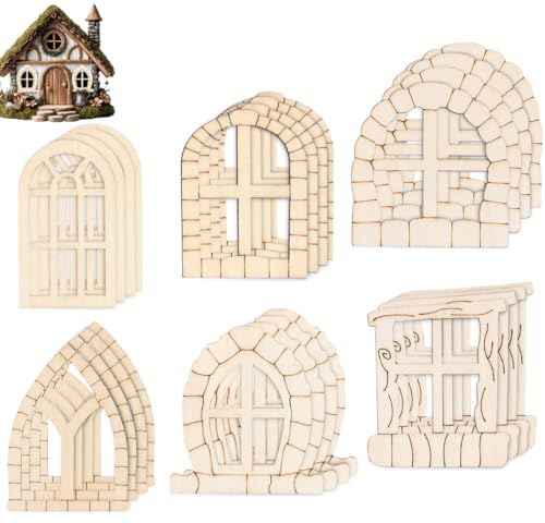 Angoily 50 Stück Unfertige Holz Wichteltüren Set Für Miniatur Garten Dekor | Für DIY, Puppenhaus ZubehöR, Holzhaus Basteln, Fairy Garden, Mini Fenster Und TüRen FüR AußEnbereiche Und Kreative