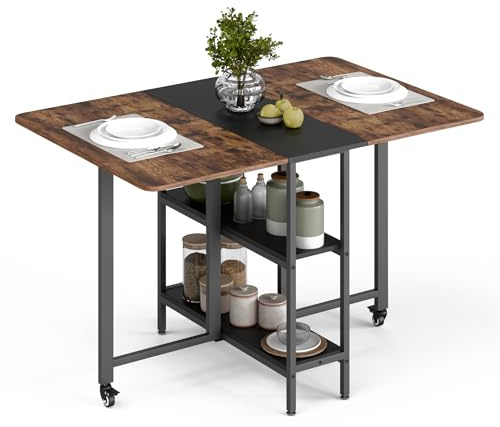 Mondeer 120cm Esstisch Klappbar,Küchentisch für kleine Räume,4-6 Personen | Klapptisch Ausklappbare,Ausreichend Stauraum,360° Rädern leicht bewegen und verriegeln,Küche,Esszimmer,Wohnzimmer,Braun