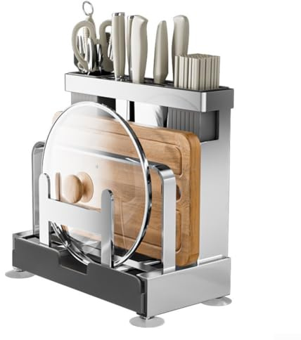 Yuanpgky Étagère de cuisine en acier inoxydable avec tapis antidérapant et plateau de drainage pour un rangement organisé, organisateur de couverts et support de planche à découper, aucune