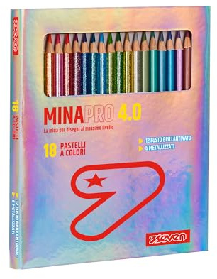 Seven Pastelli Scuola Minapro 4.0, Scatola da 18 pz, Mina grande, CONTENUTO: 6 colori metallizzati - 12 colori classici con fusto brillantinato, Bambini e Ragazzi