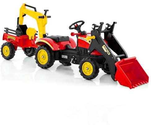 GOPLUS 3 in 1 Kinder Trettraktor mit 6 Rädern & Verstellbarer Grabschaufel & abnehmbarem Anhänger, Kindertraktor mit Hupe, für Kinder 3-6 Jahren bis zu 35 kg belastbar (Rot)