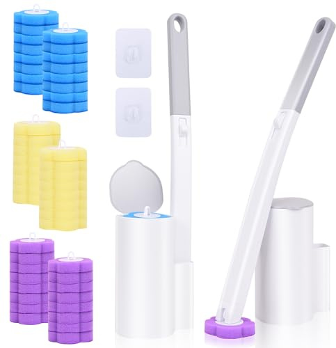 Behiruch Juego de 2 cepillos de inodoro con 48 piezas de repuesto para limpiador, cabezal flexible, set con soporte y mango para lavabo, inodoro y piscina