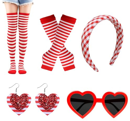 ZYLOUY 5 Stück Rot Weiß Karneval Kostüm Damen, Haarreif, Handschuhe, Strümpfe, Herz Brille und Ohrringe, Rot Weiss Köln Faschingskostüme Accessoires für Geburtstag Festumzug Bühnenauftritt