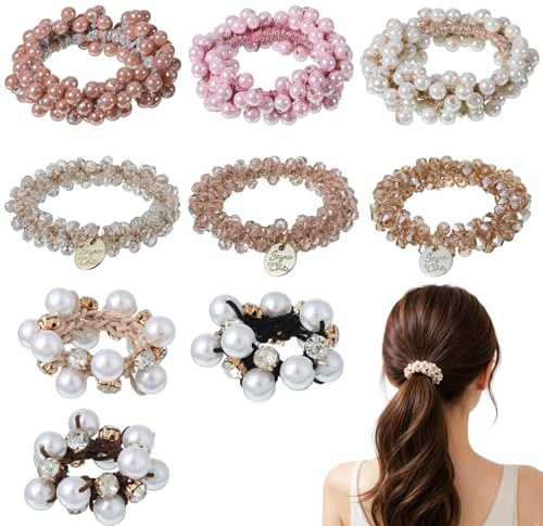 9 Stück Perlen Haargummis Strass, Haargummi Damen Glitzer mit Strasssteinen | Vielseitige Glitter Hair Tie Women, für Partys, Hochzeiten, & Alltag
