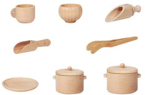 HOMSFOU Vaisselle la Cuisine en Bois 8 Pièces, Ensemble Mini-Ustensiles Naturels, Activité Ludique Préscolaire pour Garçon et Filles la Fête