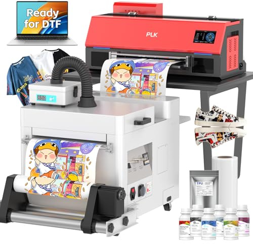 PLK A3 Plus XP600 DTF Printer with Shaker Dryer+ Smoke Purifier, 4.5'' Touch Screen, Auto-Clean, Dual White Ink System, Film-Cutter (C13+Shaker+Laptop)