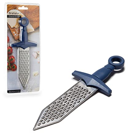 Peleg Design Gratiator – Rallador de Queso y Cocina en Forma de Espada, Acero Inoxidable con Mango Azul, Ideal para Queso, Limón, Jengibre y Verduras