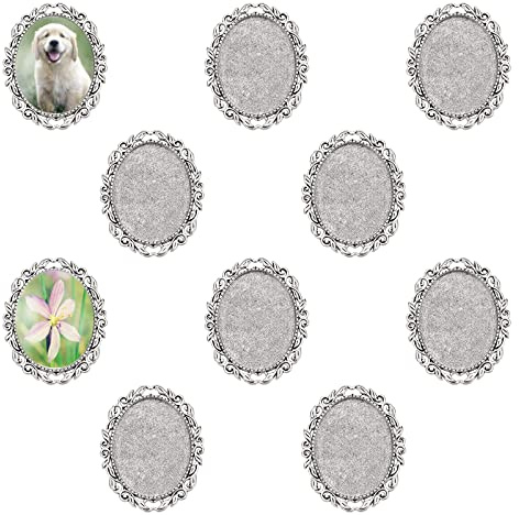 PandaHall 10 Stück Antik-Silber Brosche Cabochon Lünette Fassungen, Ovales Blanko Cabochon Tablett mit Eisenstift-Rückenstange Zubehör für Hochzeit Abzeichen Schmuckherstellung