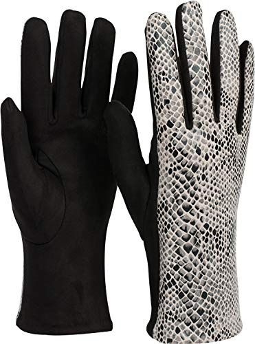 styleBREAKER Damen Handschuhe mit glänzender Schlangen Optik und Fleece Futter, Fingerhandschuhe, Winter 09010023, Farbe:Schwarz-Weiß