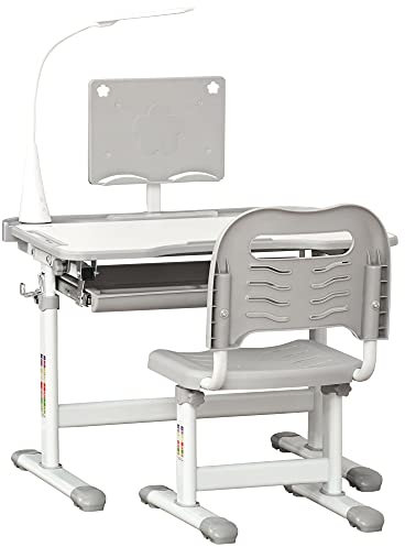 HOMCOM Kinderstuhl und Schreibtisch Set mit LED Lampe, Höhenverstellbar, Studientisch und Stuhl für Kinder, geneigte Tablett, Leseständer, Stiftebox, Schublade und Getränkehalter, Grau