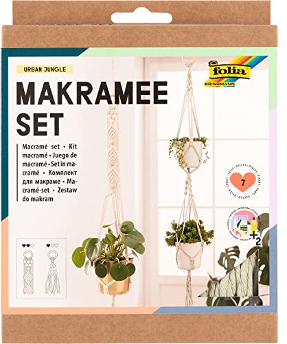 folia 23729 - Makramee Set Urban Jungle, 7-teilig, Garn (natur beige), Garn (pastellgrün), Holzperlen, Holzringe, 100 % Baumwolle, mit Anleitung, zum Basteln und Knüpfen