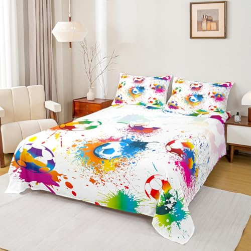 Manfei Soccer Sheet Set Queen Size, Colorful Tie Dye Football Bedding Set for Kids Boys Teens Room Decor, Sports Theme Bed Sheet Set 4pcs with Deep Pocket Fitted Sheet + Flat Sheet + 2 Pillowcases