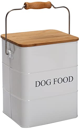 Ctomche Dog Food Storage Airtight Dog Food Bin,Metal Pet Food Storage for Dog with Scoop and Handle,Vintage Pet Food Storage Container 5lbs,White