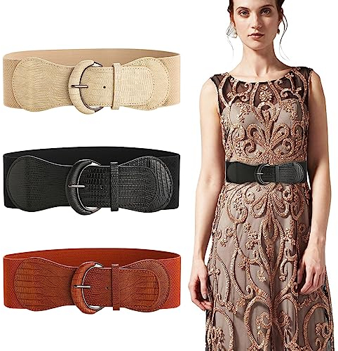 RMENOOR 3 Stück Breiter Elastischer Taillengürtel Damen Dehnbarer Gürtel Taille Stretchgürtel Breit Damengürtel Vintage Bindegürtel Taille Kleidgürtel Belt Women für Kleid（Schwarz/Beige/Braun