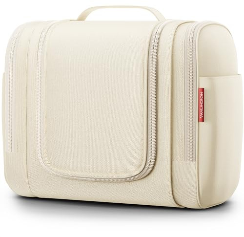 VanLindson® Necessär XXL Dam och Herr, 9L Förvaring, 3-i-1 Hängbar Resenecessär, Stor Vattentät Sminkväska, Toalettväska, Beige