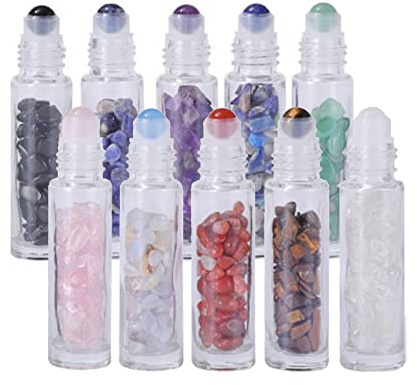 MKNZOME 10 Stk Roll on Flasche Leer 10ml mit Edelstein Tintenroller und Kristall Chips innen, Ätherische Öle Roller Flaschen für Parfüm Düfte Kosmetik Aromatherapie Lippenöl, Geschenke zum Muttertag