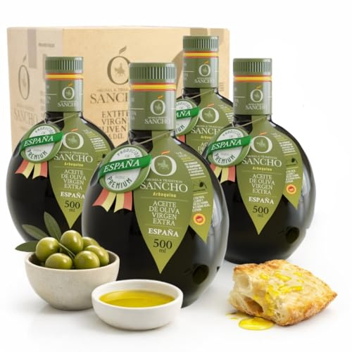 Aceite de Oliva Virgen Extra Picual Filtrado Pack 4 x 500 ml Botella de Vidrio | AOVE Gourmet extraído en Frío | Aceite Premium. (4 x 500 ml, ARBEQUINA) | AOVE español gourmet origen único 100% monovarietal sabor delicado ideal para ensaladas pescado quesos tostadas mediterráneas