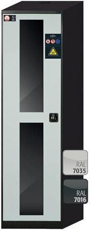 Asecos CS-Classic-G Chemikalienschrank mit Flügeltür, Festem Glasausschnitt Türanschlag Links und ZylinderschlossAnthrazitgrau/Lichtgrau, 545mm Breite, 520mm Tiefe, 1950mm Höhe